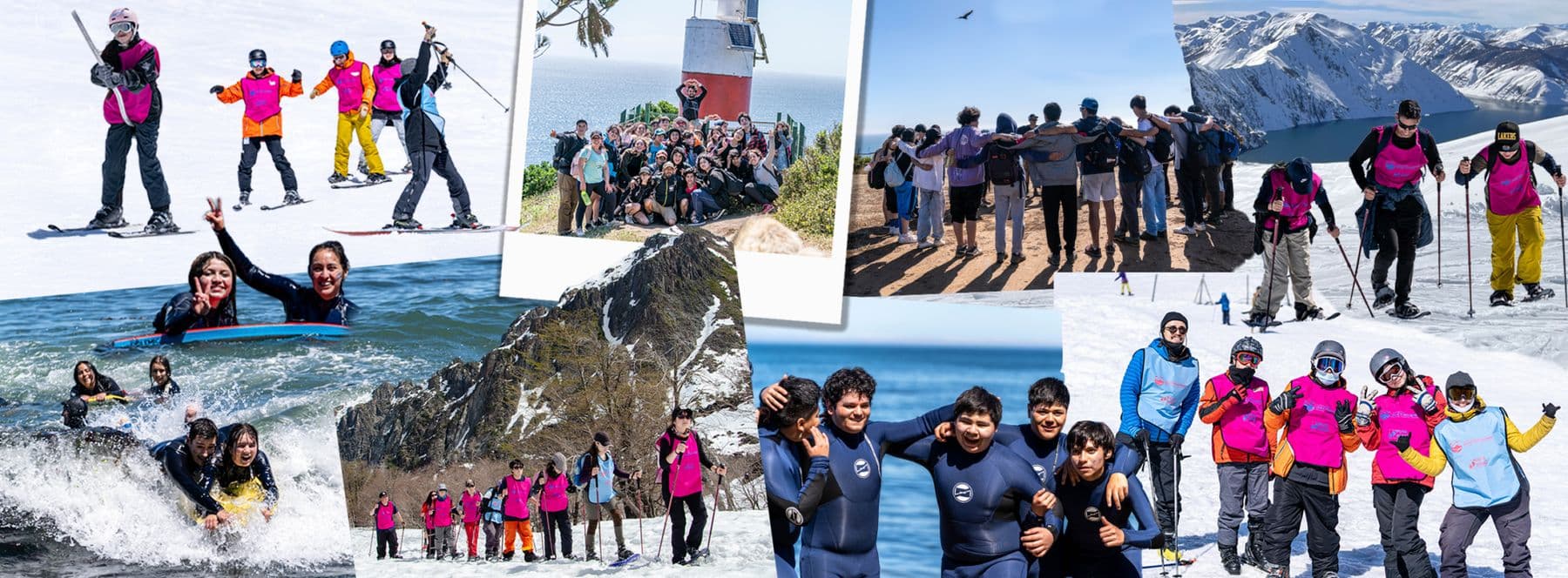 Collage de estudiantes en ski, surf, trekking y en la playa